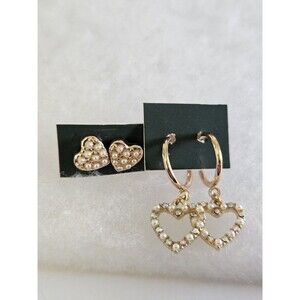 2 Pairs of New Stud & Dangle Earrings Nickel Free Gold Tone - Hearts Faux Pearls